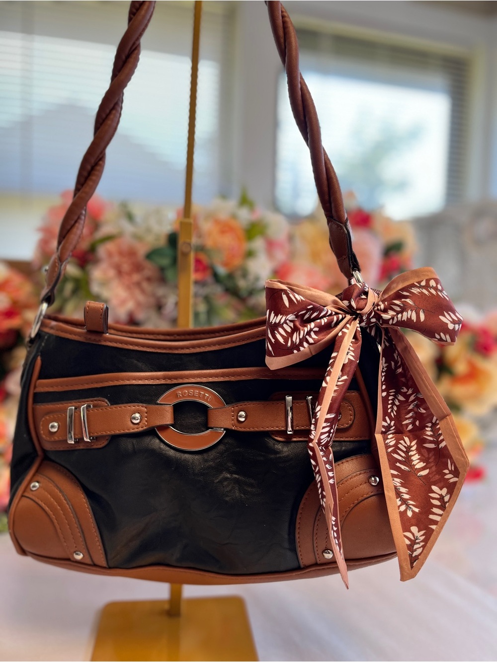 Rosetti Black Cognac Belted Hardware Hobo Satchel Shoulder Bag
